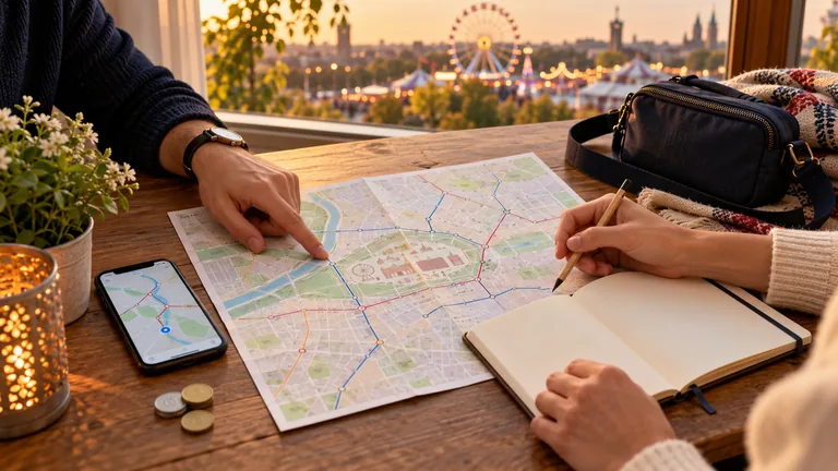 Zwei Personen planen an einem Tisch mit Stadtplan, Smartphone und kleiner Tasche einen Oktoberfest-Besuch